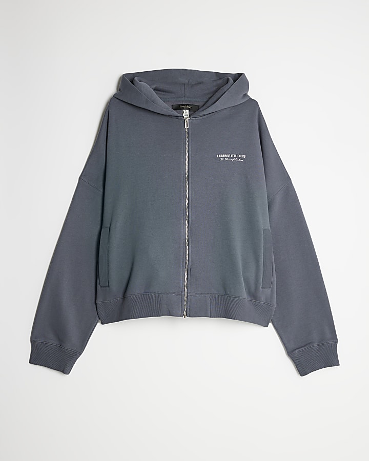 Grey Oversized Fit Luminis Zip Through Hoodie
