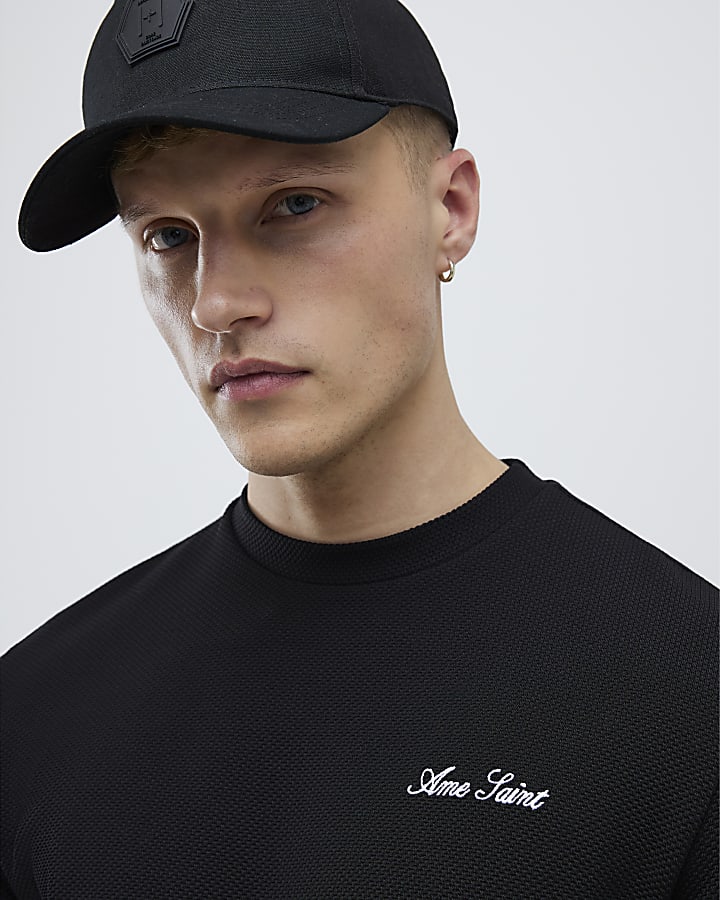 Black Slim Fit Textured Ame Saint T-Shirt