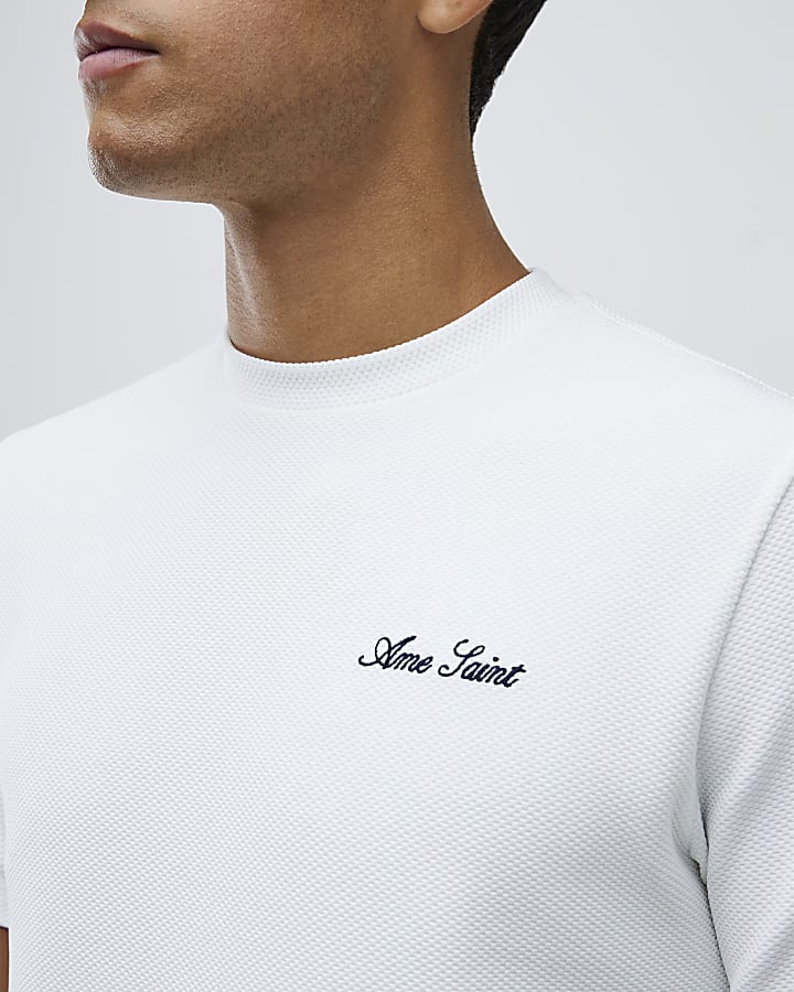 White Slim Fit Textured Ame Saint T-Shirt