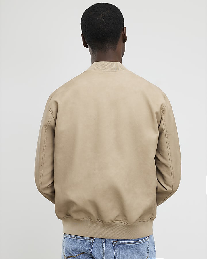Beige Faux Leather Bomber Jacket
