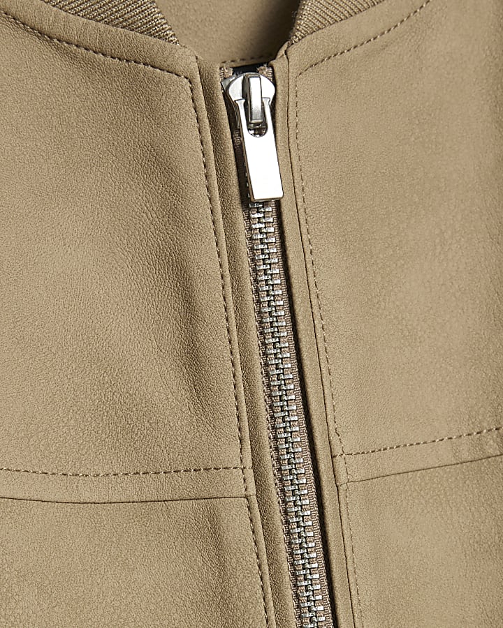 Beige Faux Leather Bomber Jacket