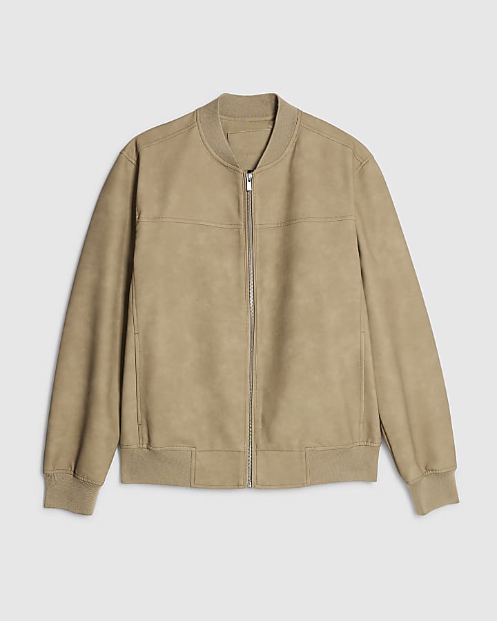 Beige Faux Leather Bomber Jacket