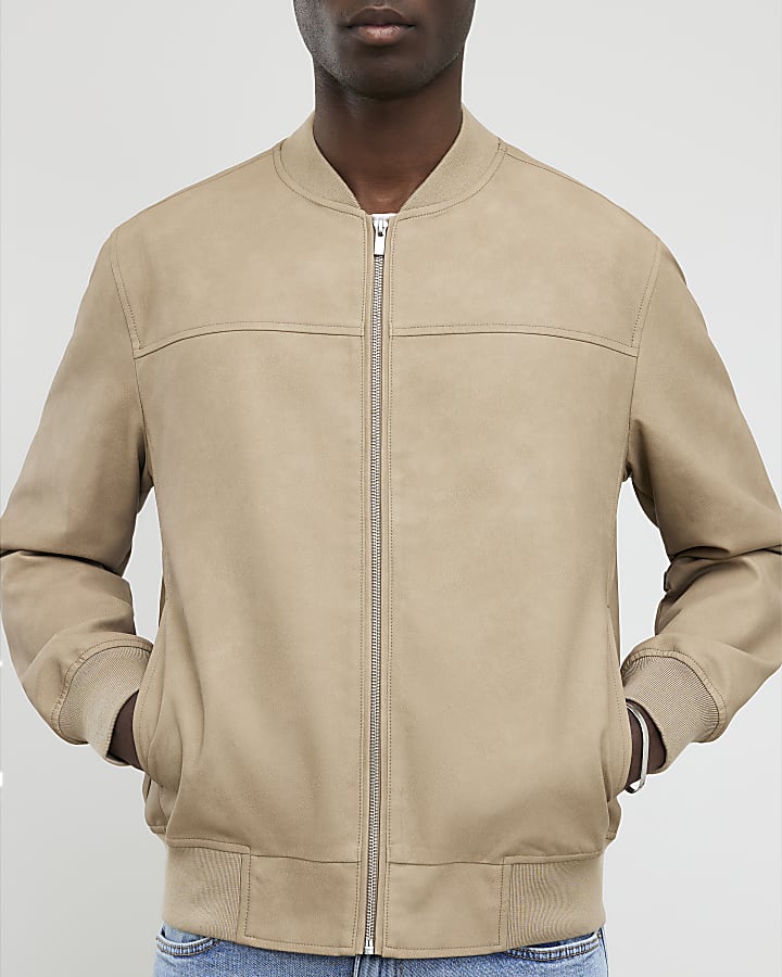 Beige Faux Leather Bomber Jacket