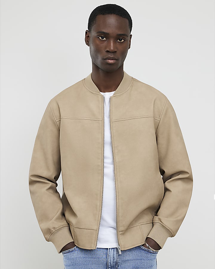 Beige Faux Leather Bomber Jacket