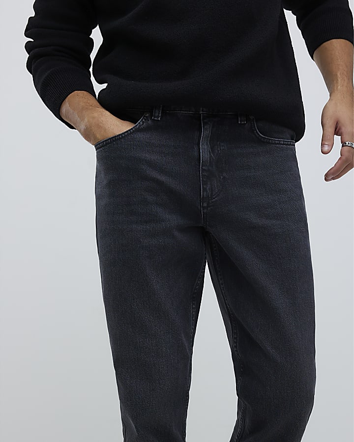Black Tapered Fit Washed Jeans