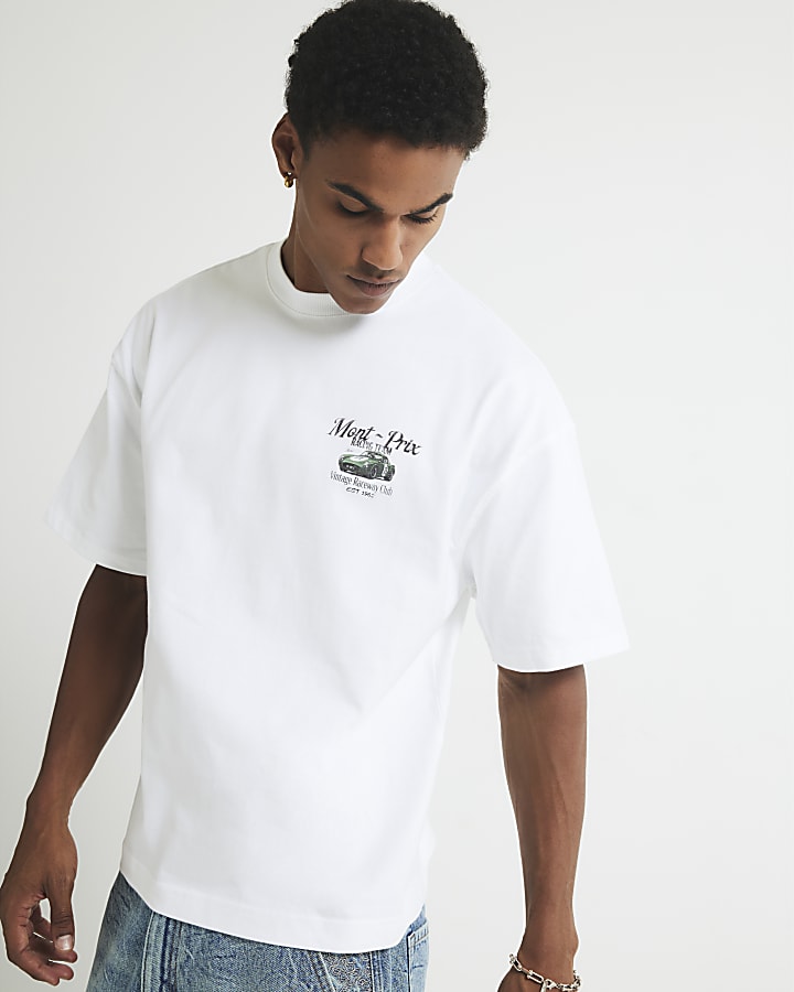 White Oversized fit Vintage Car T-Shirt