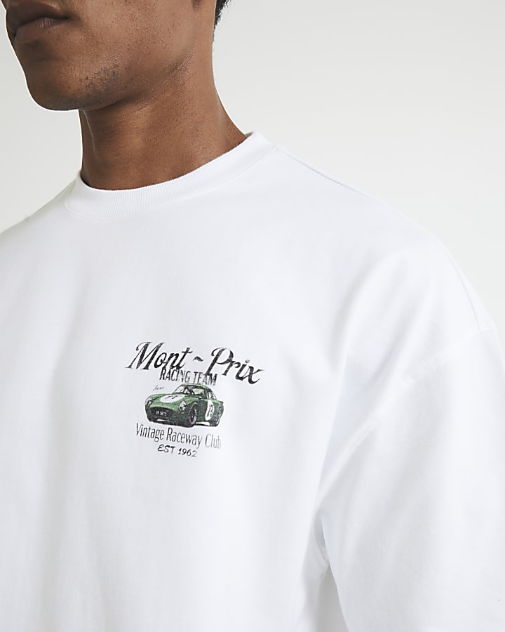 White Oversized fit Vintage Car T-Shirt