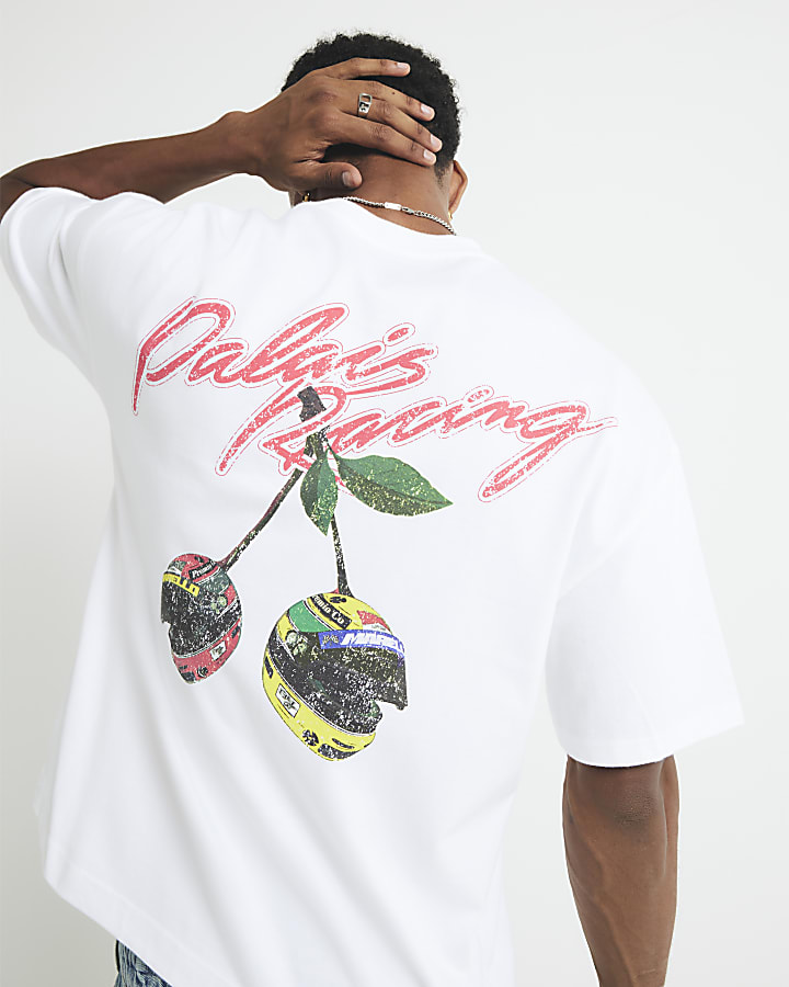 White Oversized Fit Racing Cherry T-Shirt