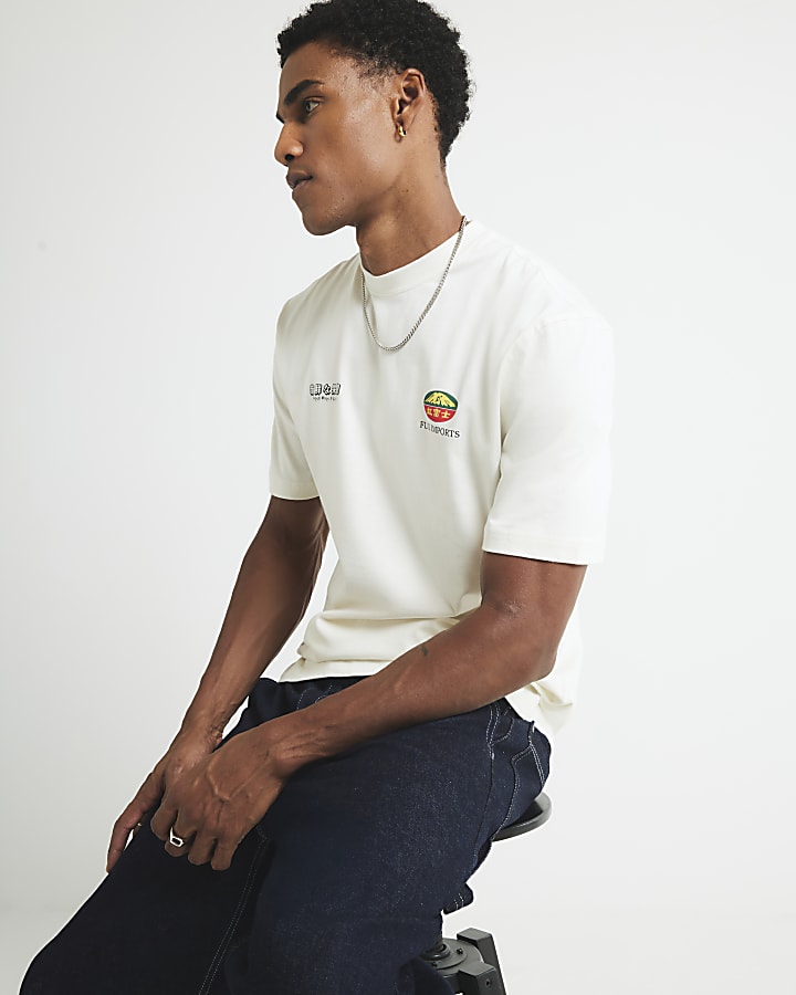 Cream Regular Fit Japanese Sticker T-Shirt