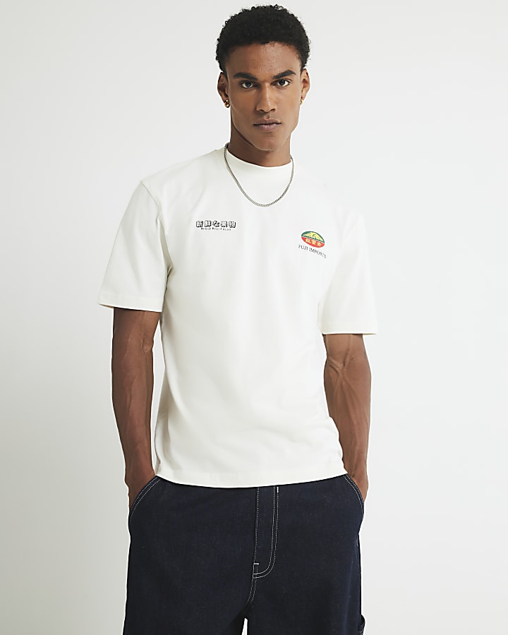 Cream Regular Fit Japanese Sticker T-Shirt