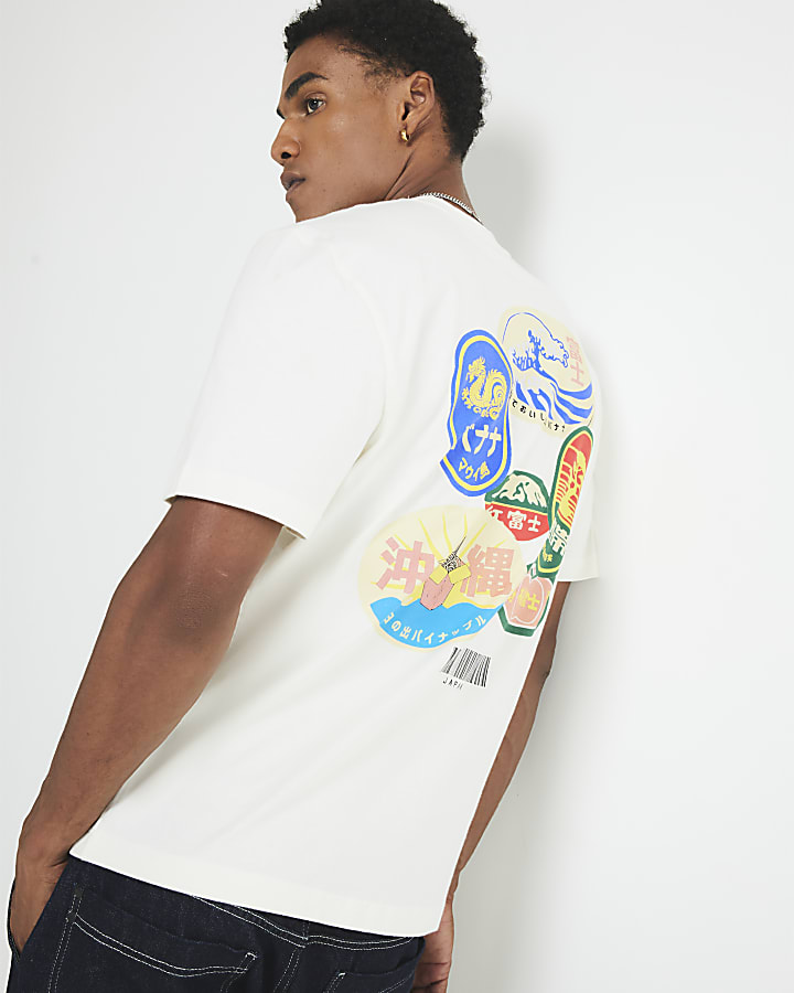 Cream Regular Fit Japanese Sticker T-Shirt