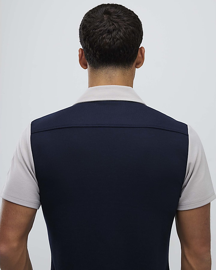 Navy Muscle Fit Colour Block Shirt