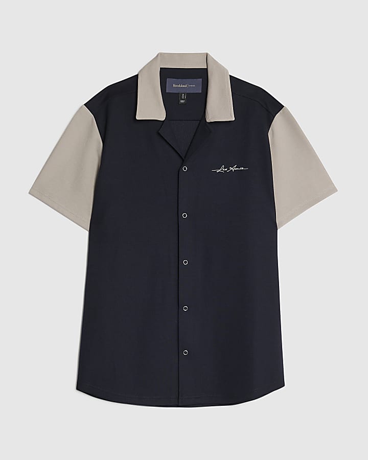 Navy Muscle Fit Colour Block Shirt