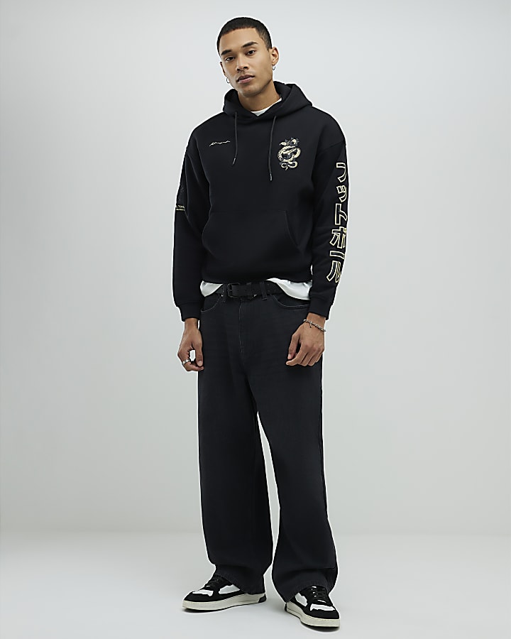Black Regular Fit Japanese Snake Hoodie