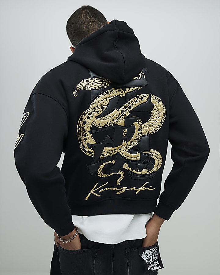 Black Regular Fit Japanese Snake Hoodie