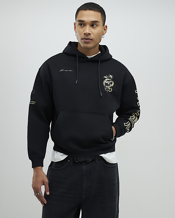 Black Regular Fit Japanese Snake Hoodie
