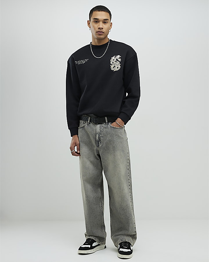 Black Regular Fit Japanese Snake Sweatshirt