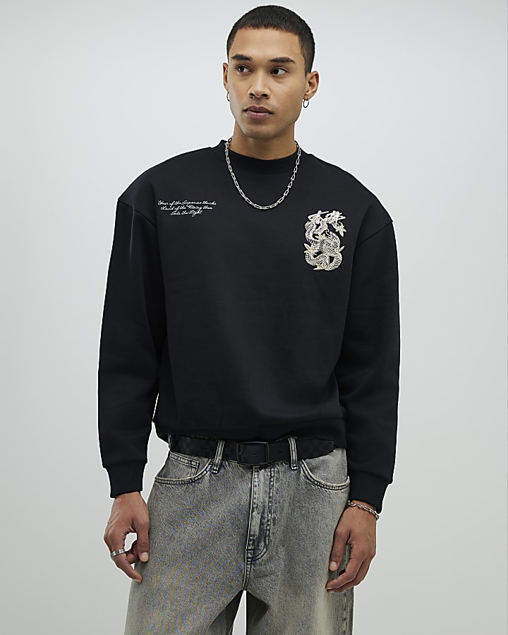 Black Regular Fit Japanese Snake Sweatshirt