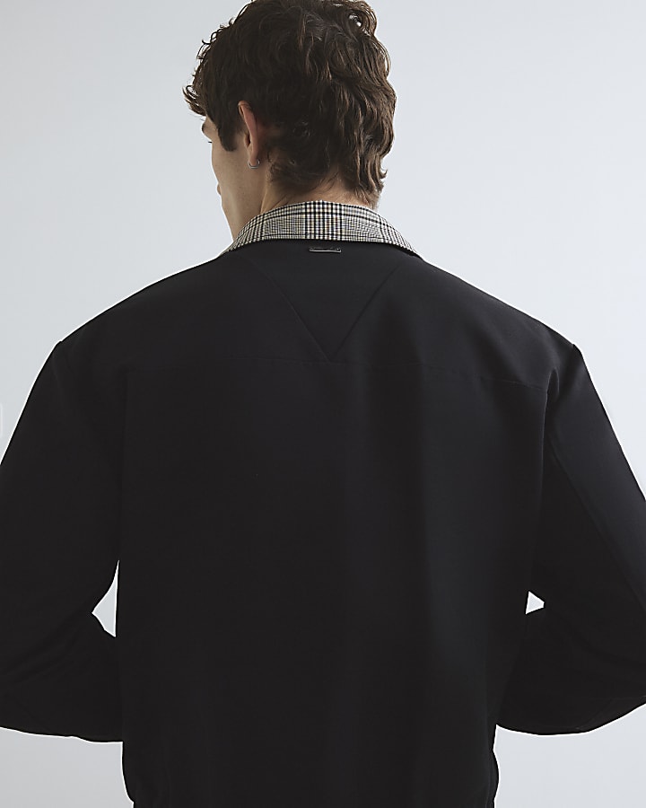 Black Check Lined Harrington Jacket