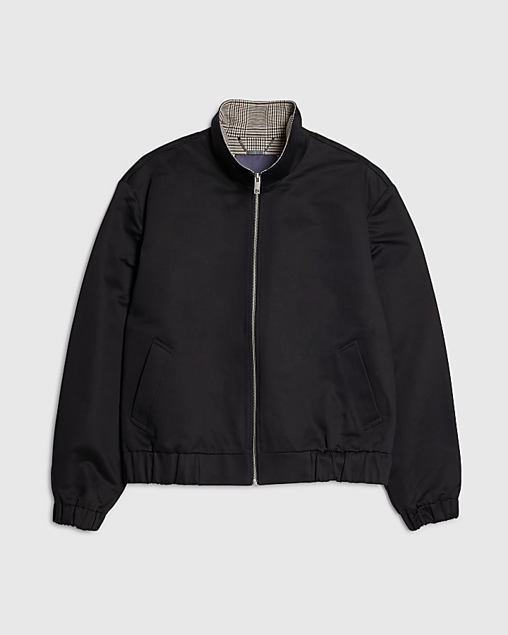 Black Check Lined Harrington Jacket