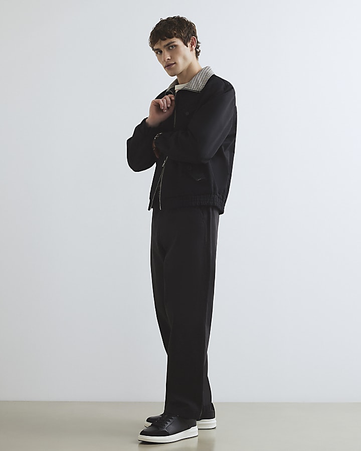 Black Check Lined Harrington Jacket