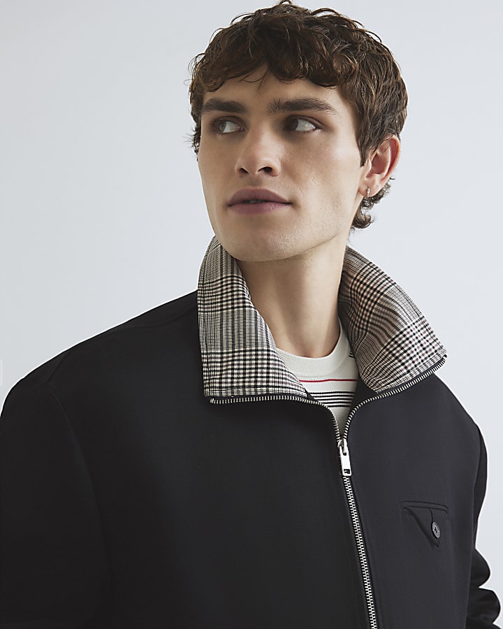 Black Check Lined Harrington Jacket