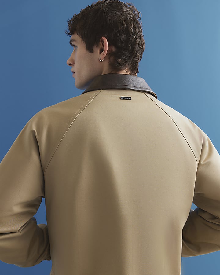 Beige Faux Leather Collared Harrington Jacket