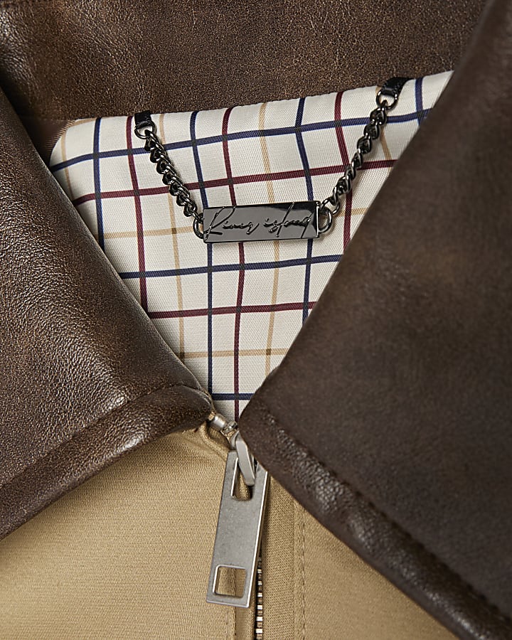 Beige Faux Leather Collared Harrington Jacket