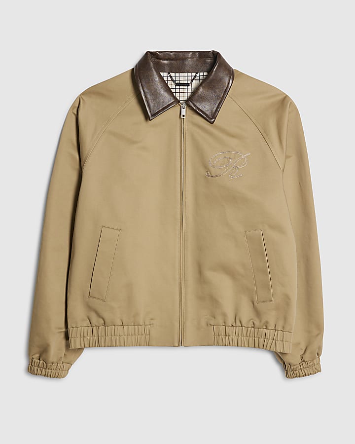 Beige Faux Leather Collared Harrington Jacket