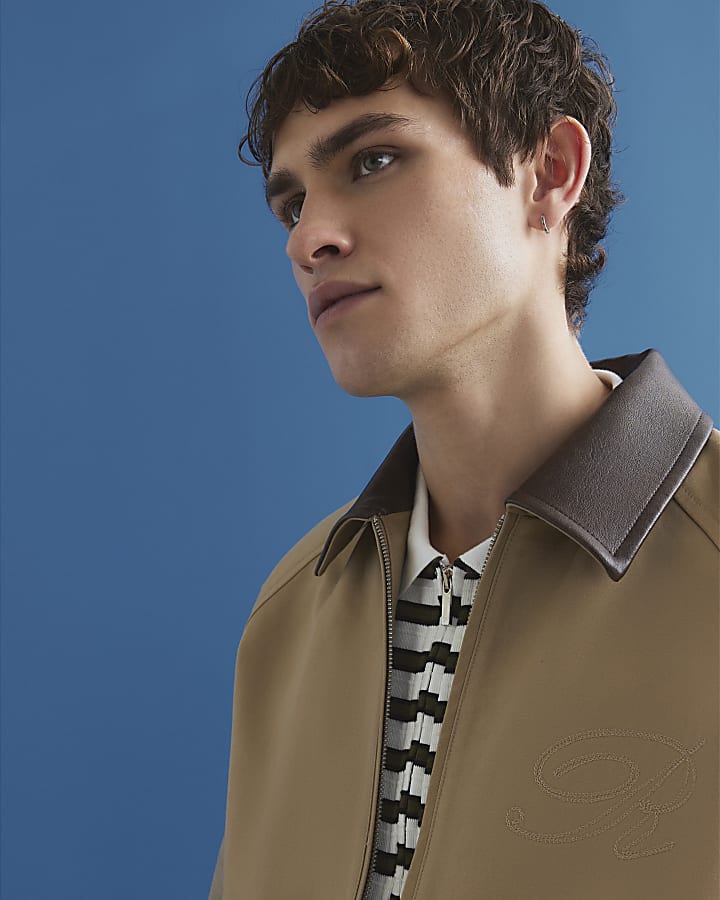 Beige Faux Leather Collared Harrington Jacket
