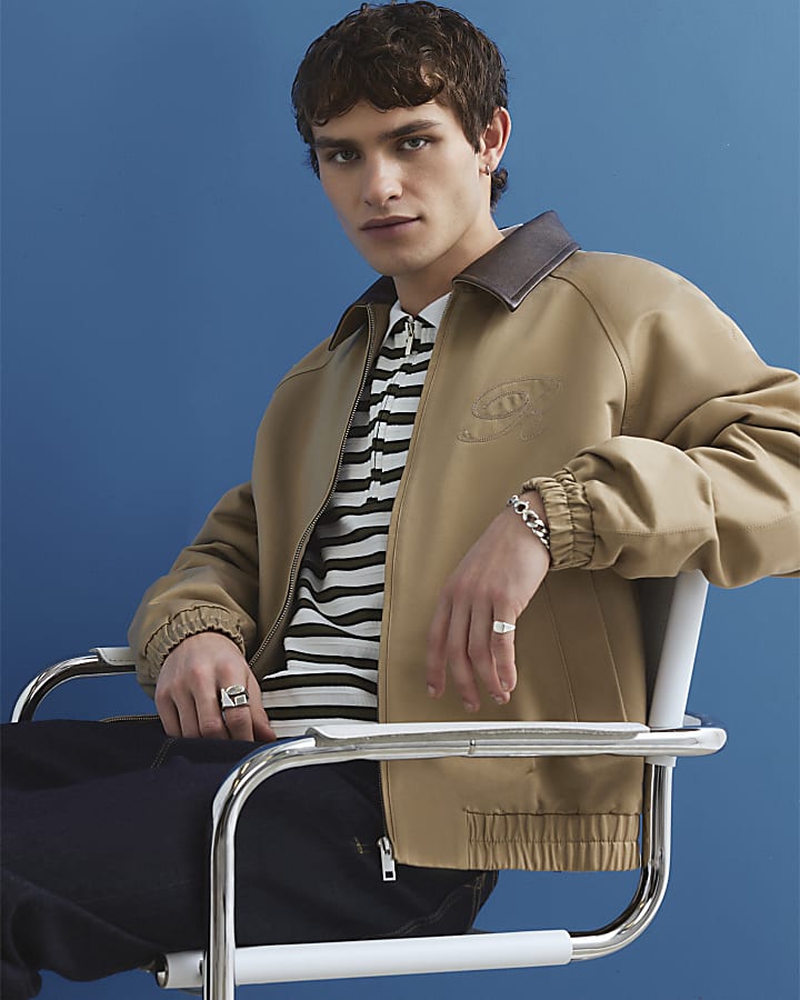 Beige Faux Leather Collared Harrington Jacket