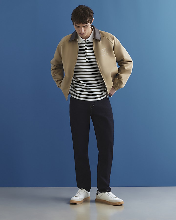 Beige Faux Leather Collared Harrington Jacket