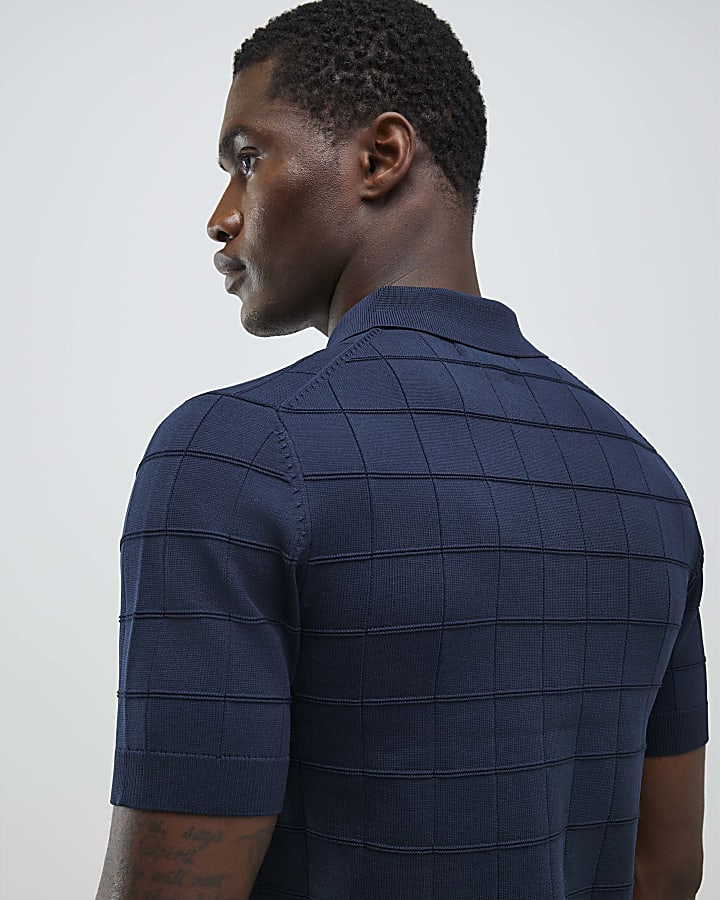 Navy Muscle Fit Grid Textured Polo Shirt