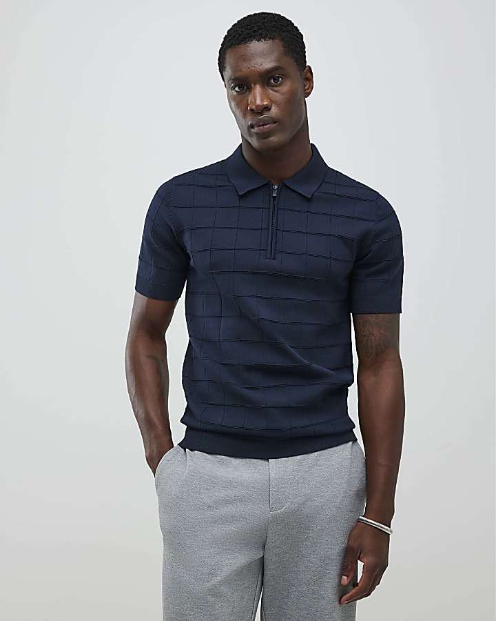 Navy Muscle Fit Grid Textured Polo Shirt