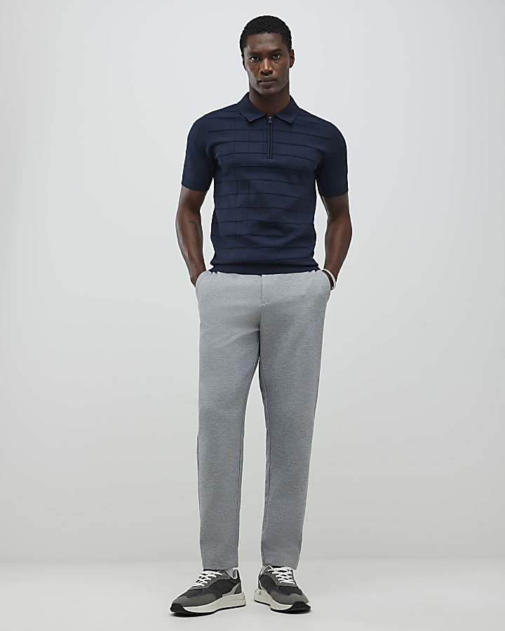 Navy Muscle Fit Grid Textured Polo Shirt