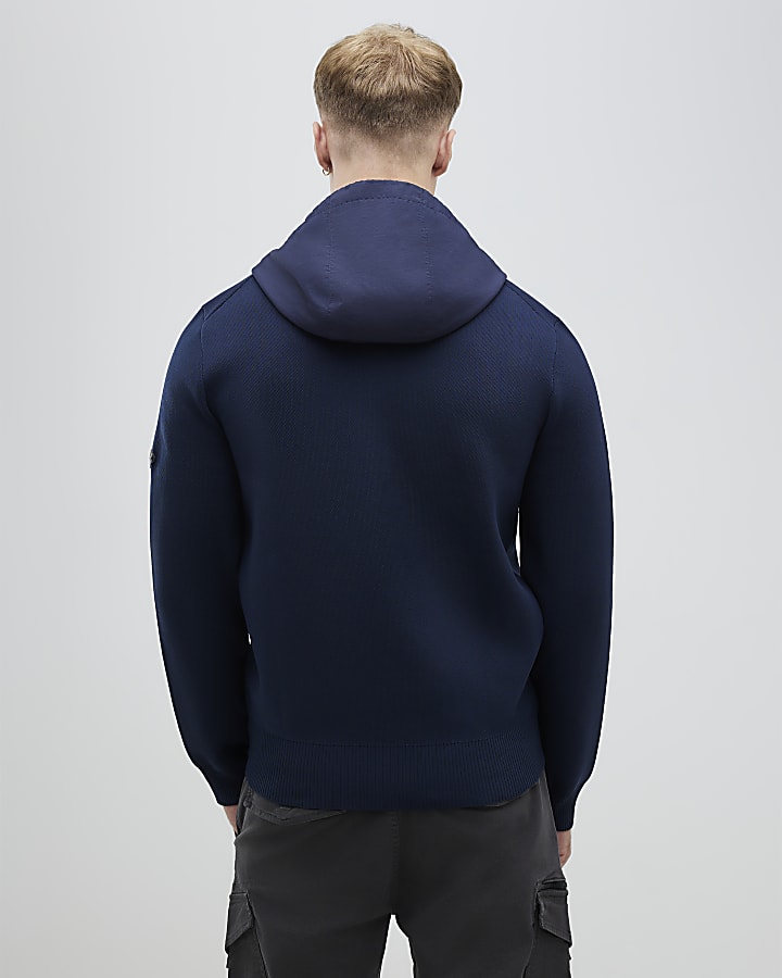 Navy Slim Fit Nylon Zip Knitted Hoodie
