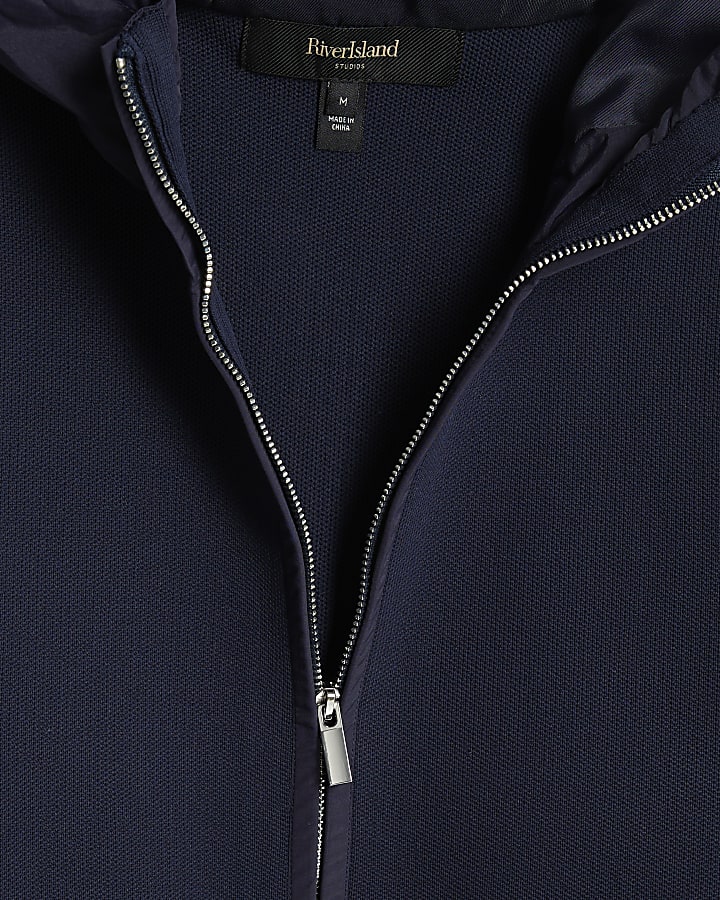 Navy Slim Fit Nylon Zip Knitted Hoodie