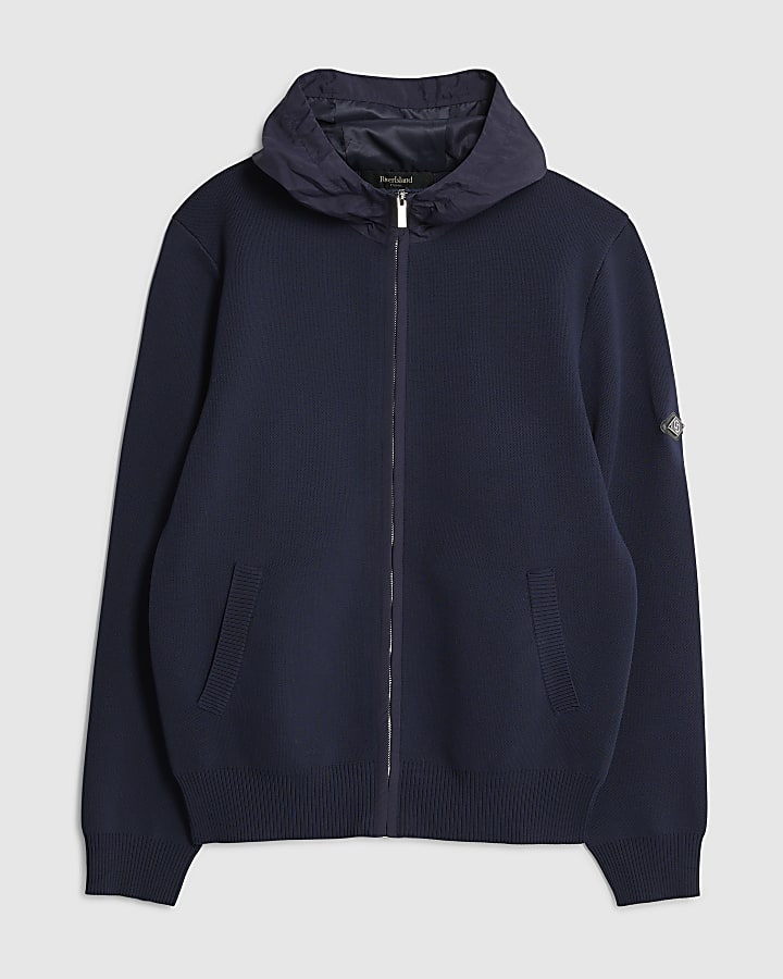 Navy Slim Fit Nylon Zip Knitted Hoodie