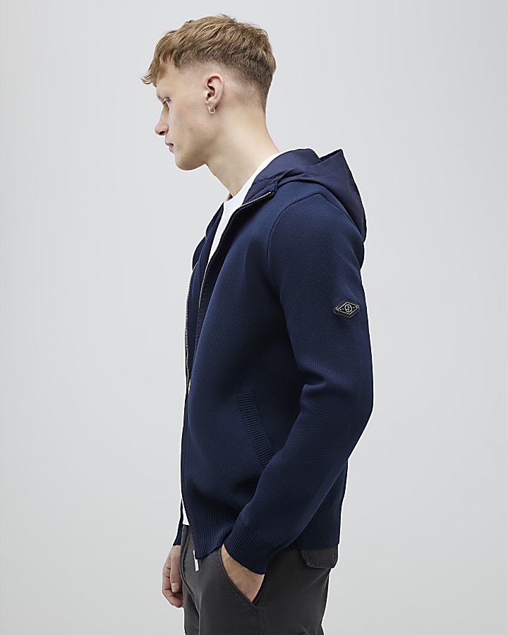 Navy Slim Fit Nylon Zip Knitted Hoodie