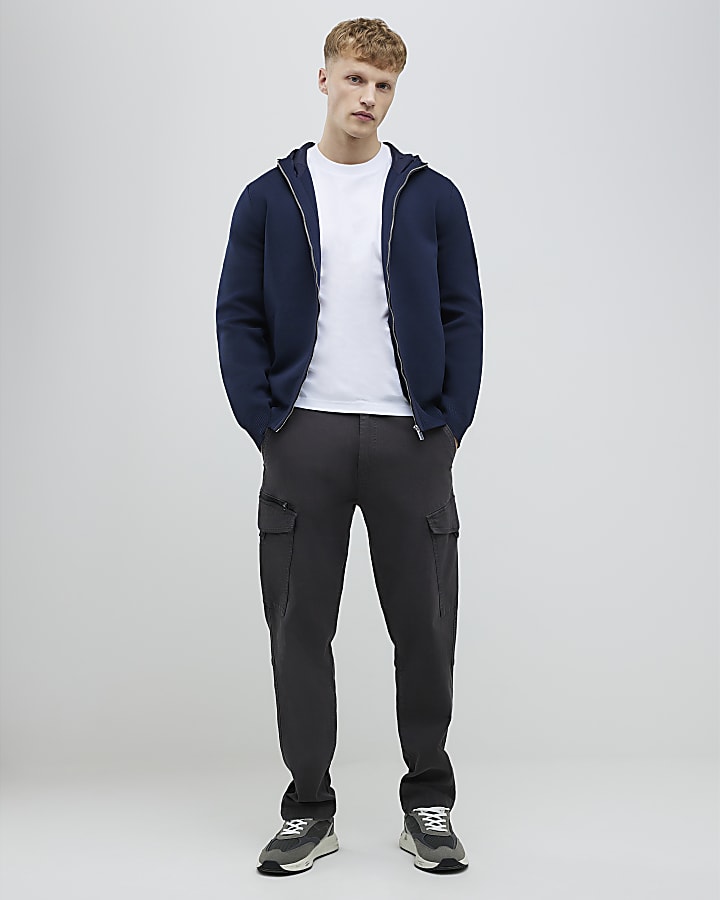 Navy Slim Fit Nylon Zip Knitted Hoodie