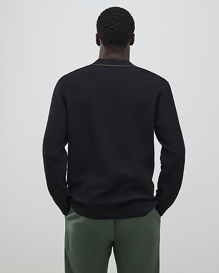 Black Regular Fit Open Collar Jumper