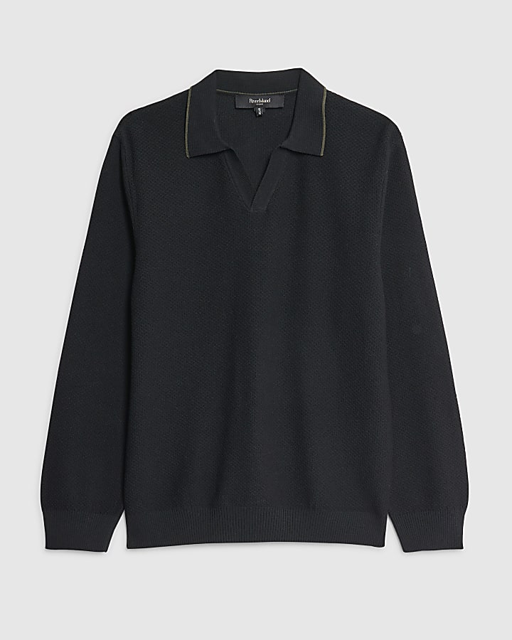 Black Regular Fit Open Collar Jumper