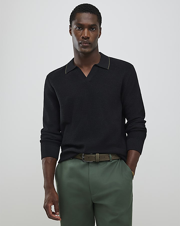 Black Regular Fit Open Collar Jumper
