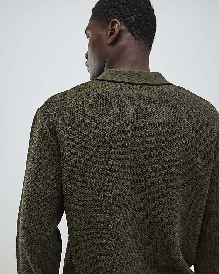 Khaki Regular Fit Open Collar Jumper