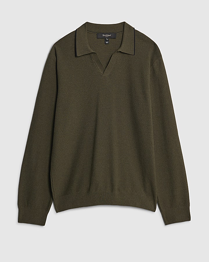 Khaki Regular Fit Open Collar Jumper
