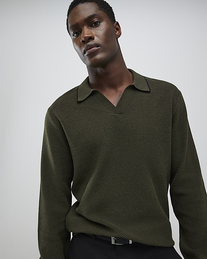 Khaki Regular Fit Open Collar Jumper