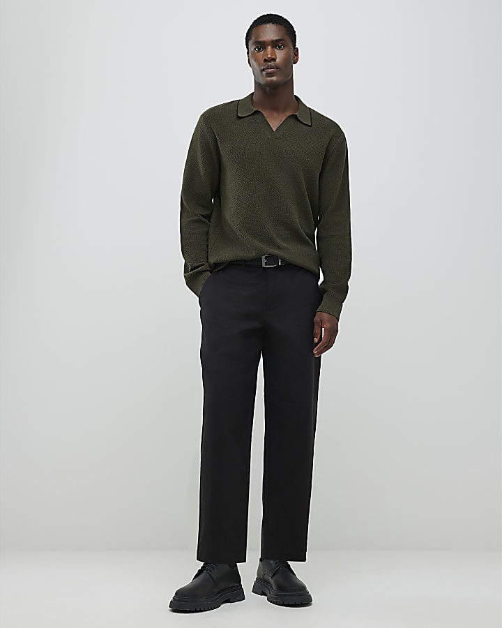 Khaki Regular Fit Open Collar Jumper