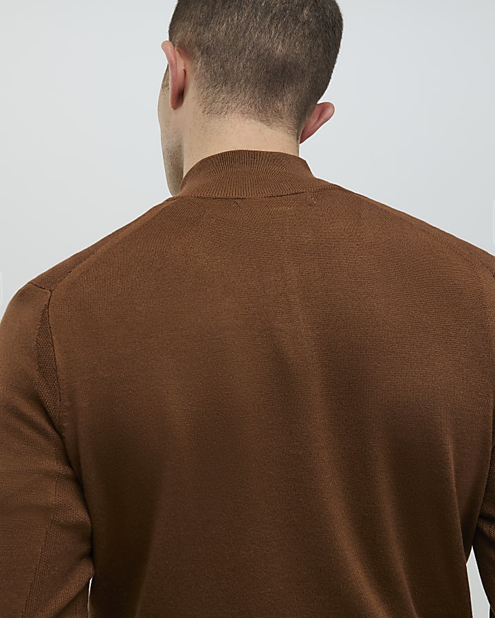Brown Slim Fit Half Zip Jumpers