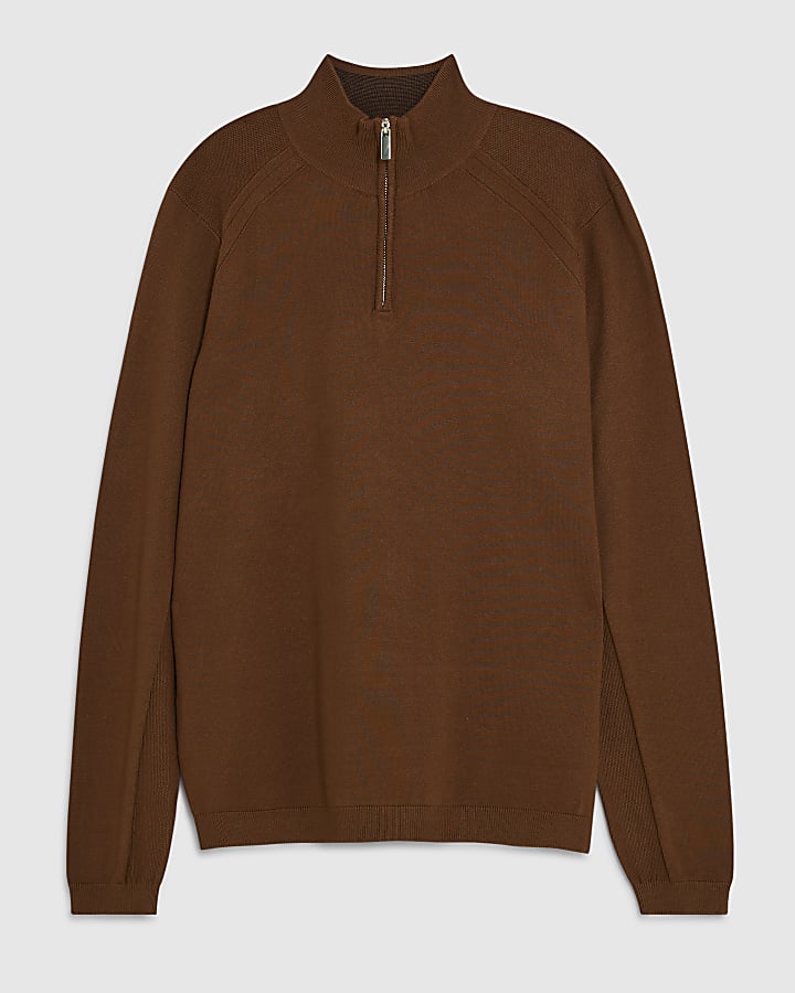 Brown Slim Fit Half Zip Jumpers