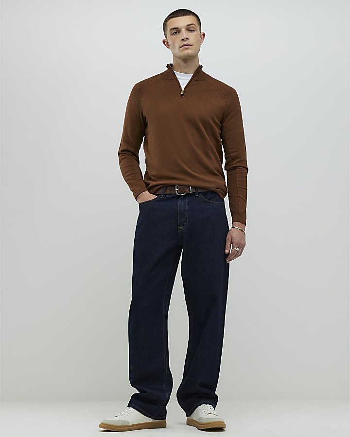 Brown Slim Fit Half Zip Jumpers